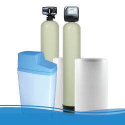 3 Water Softener Units and a brine tank with a blue wave shape at the bottom